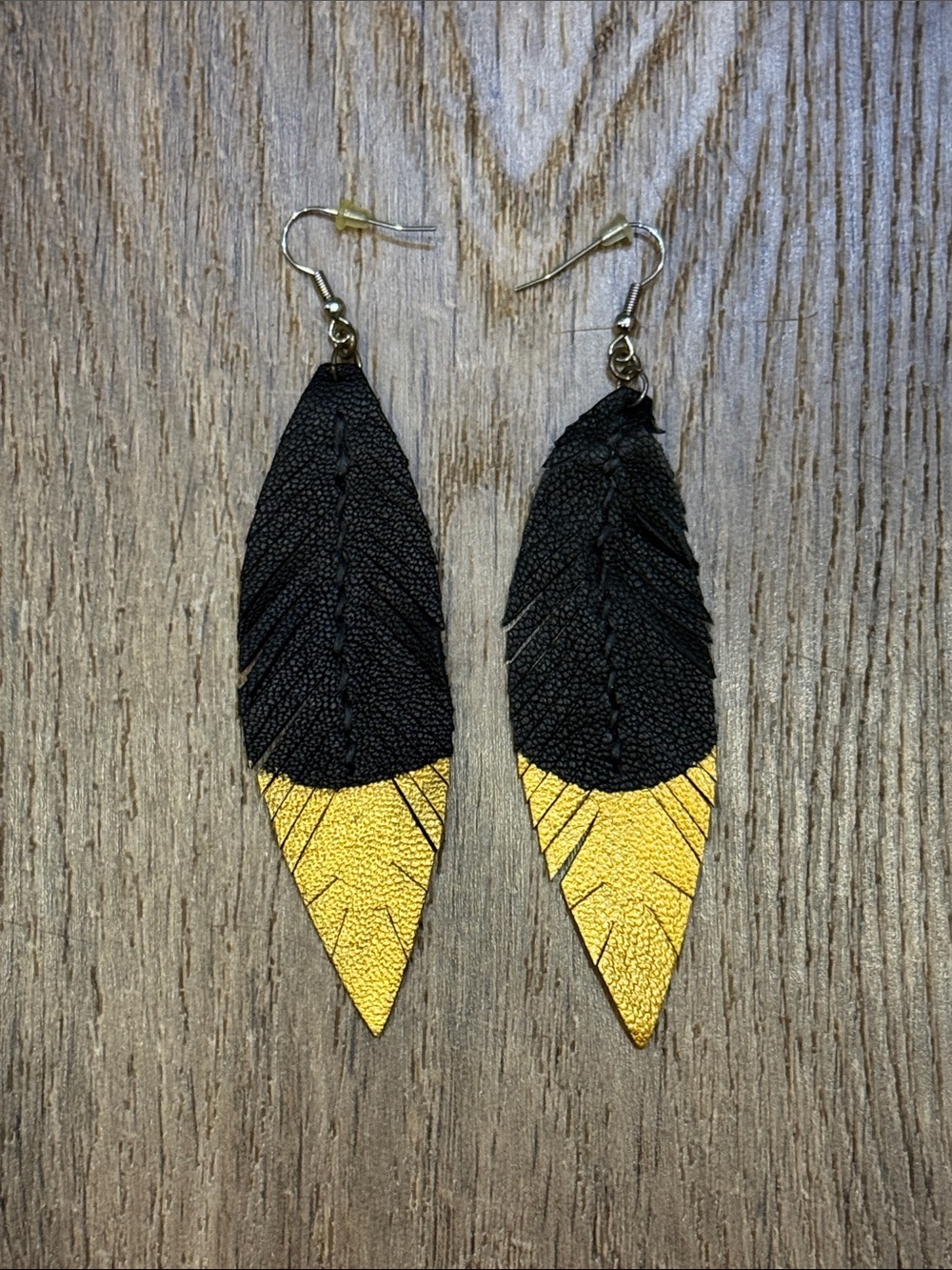 Handmade Black & Gold Feather Drop Earrings